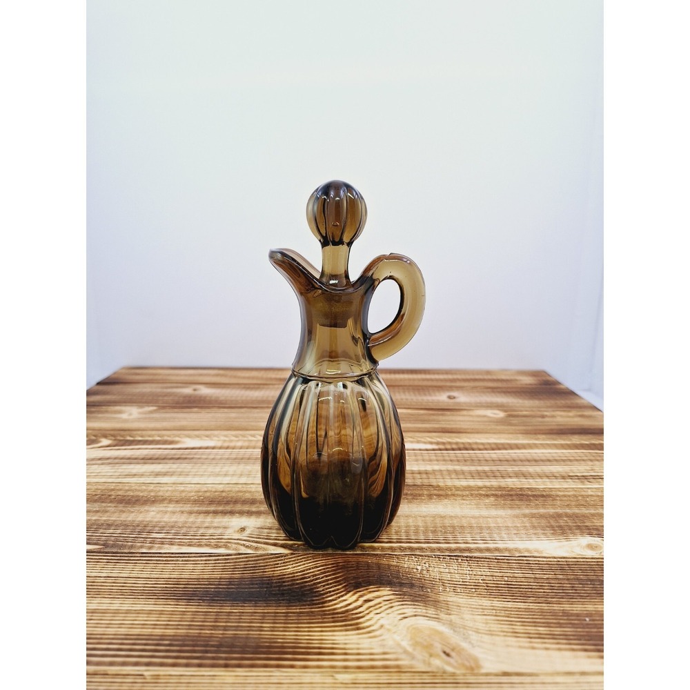 Imperial Glass Smoky‎ Grey Ribbed Cruet Original Ball Stopper Vintage 6" Tall